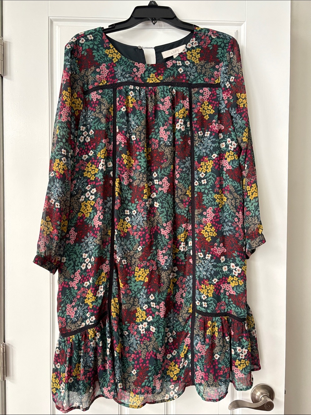 LOFT Long Sleeve Floral Swing Dress in Green, Pink, Yellow, Burgundy
